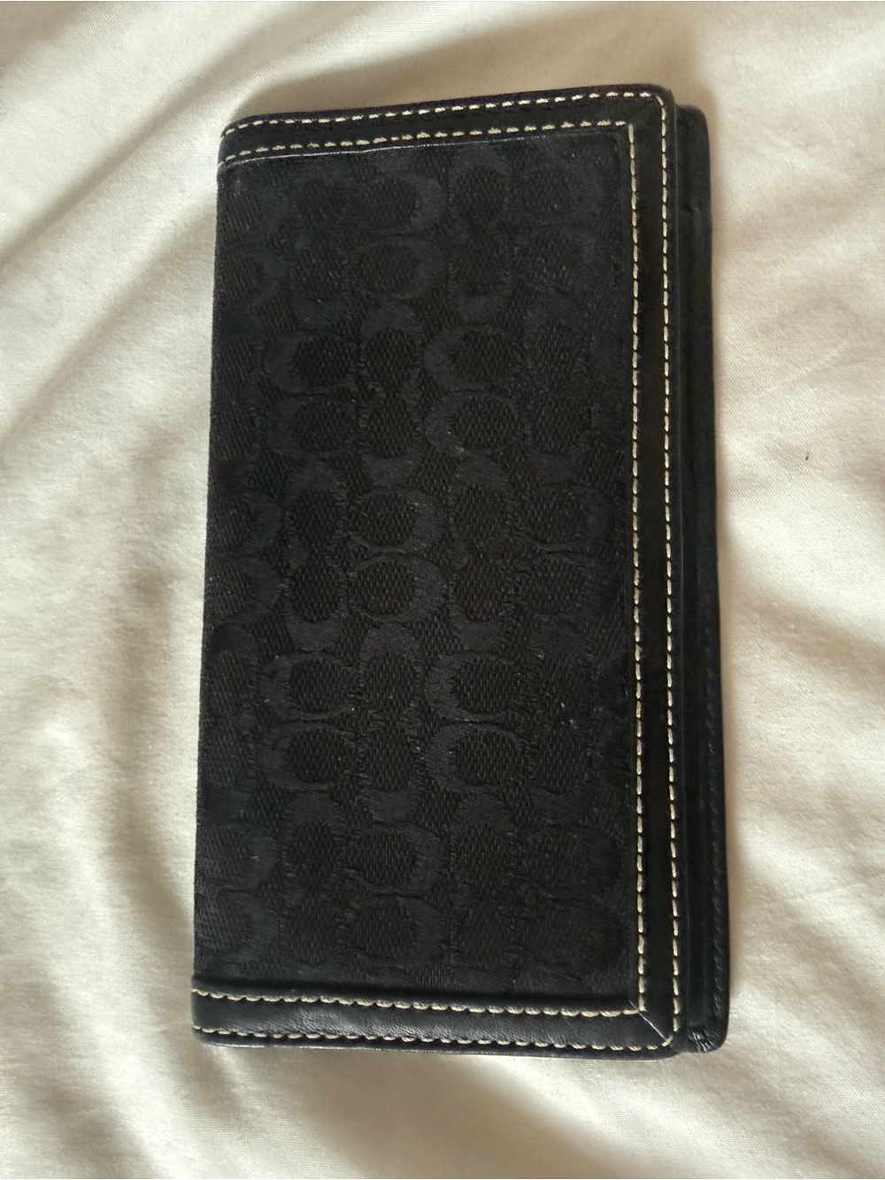 Coach Black Signature Jacquard Long Wallet with White Stitching